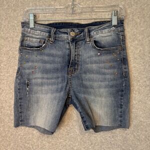 Klique B Women's 3 Denim Shorts Rhinestone Distressed Raw Hem Casual‎ Cute Jean